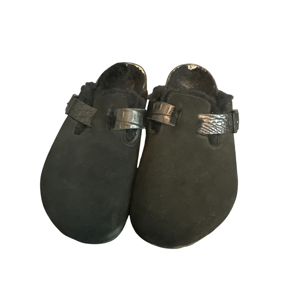 Birkenstock Boston Shearling Clogs Black Suede Embossed Strap Mules Womens 35